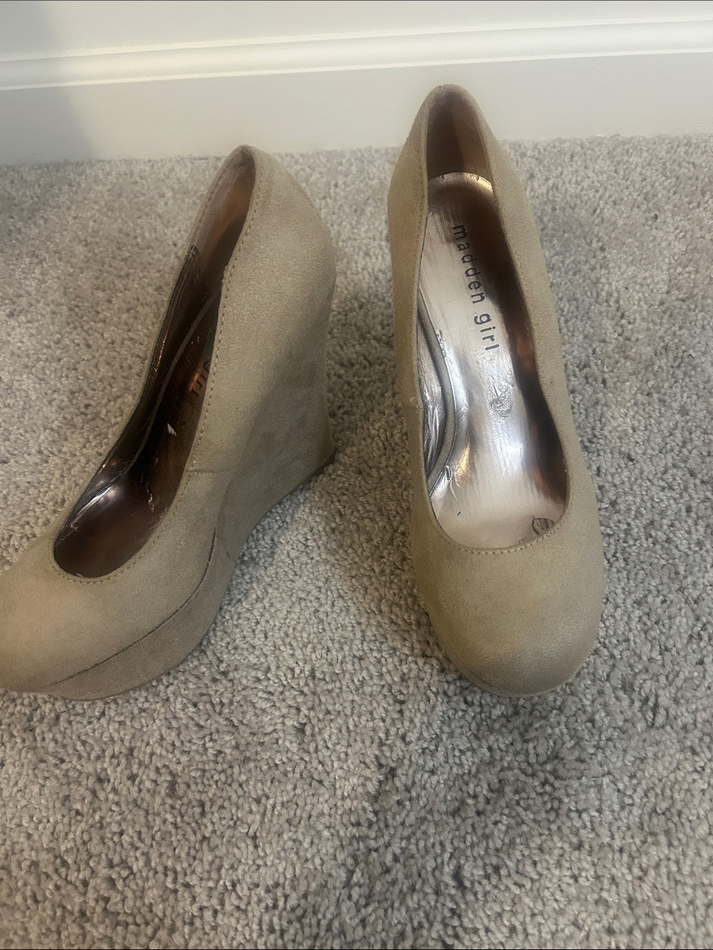 Madden Girl Taupe Suede Platform Wedge Pumps